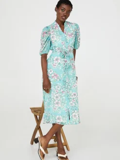 Suzy Shier Casual Dresses|Midi & Maxi>Floral Print Split Neck Dress With Balloon Sleeves