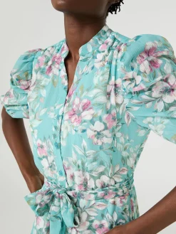 Suzy Shier Casual Dresses|Midi & Maxi>Floral Print Split Neck Dress With Balloon Sleeves