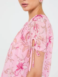 Suzy Shier Tops|Short Sleeve>Floral Print Tie-Sleeve Top