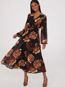 Suzy Shier Midi & Maxi>Floral Print V-Neck Pleated Maxi Dress