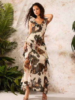 Suzy Shier Evening Gowns - Le Château>Floral Print V-Neck Ruffle Chiffon Gown With Rosette Trim
