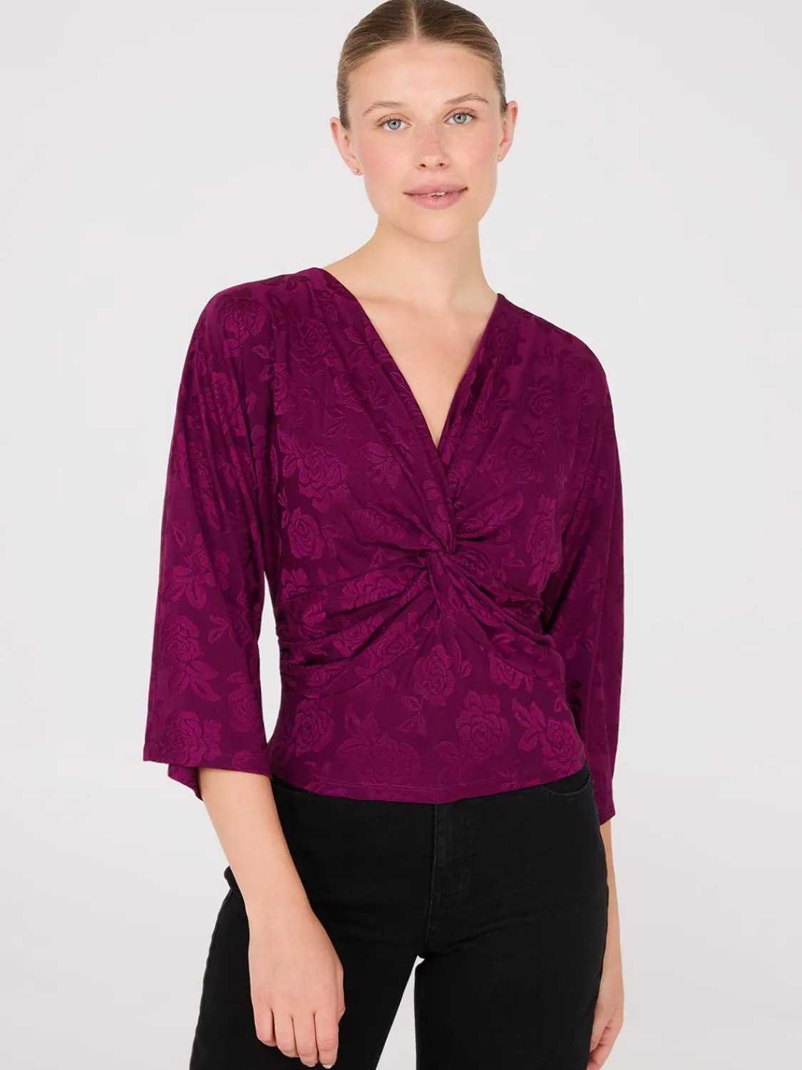 Suzy Shier Tops|Long Sleeve>Front Knot Kimono