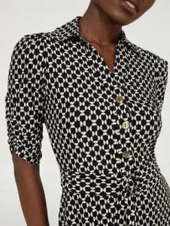 Suzy Shier Work Dresses|Dresses>Geo Print Button-Front Midi Dress With Pockets