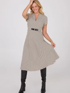 Suzy Shier Midi & Maxi>Geo Print Shawl Collar Belted Midi Dress