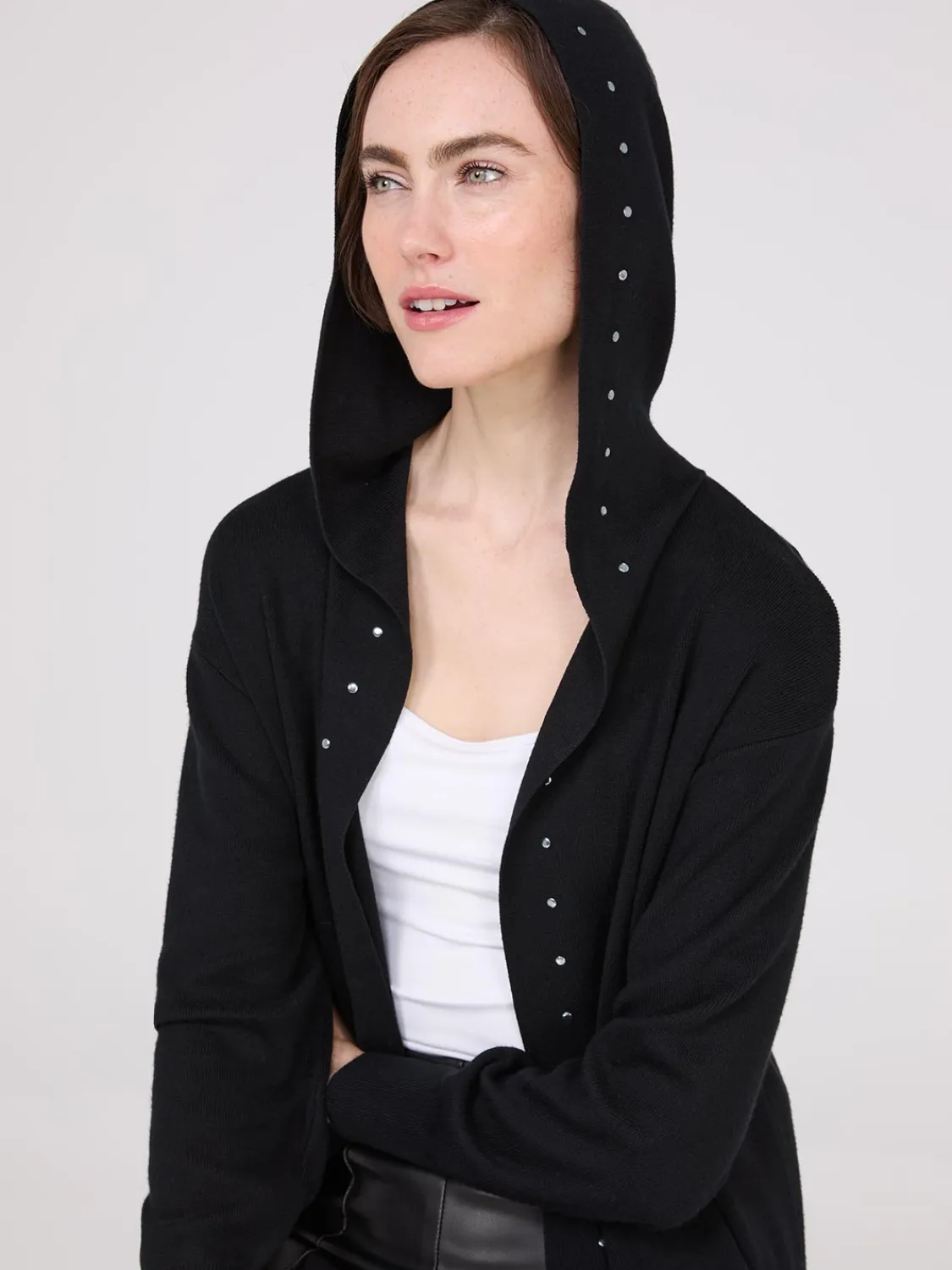 Suzy Shier Long Sleeve|Sweaters & Cardigans>Hooded Duster With Stud Details