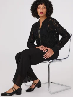 Suzy Shier Tops|Long Sleeve>Lace Embroidered Bomber Jacket