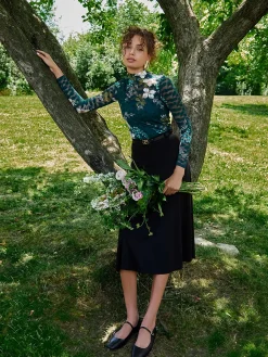 Suzy Shier Tops|Long Sleeve>Lace Floral Print Mock Neck Top