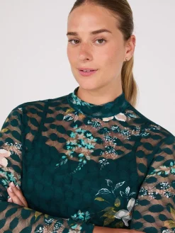 Suzy Shier Tops|Long Sleeve>Lace Floral Print Mock Neck Top