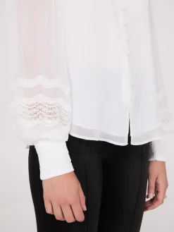 Suzy Shier Tops|Long Sleeve>Lace Sleeve Blouse With Mandarin Collar