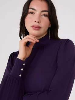 Suzy Shier Tops|Long Sleeve>Long Balloon Sleeve Mock Neck Blouse