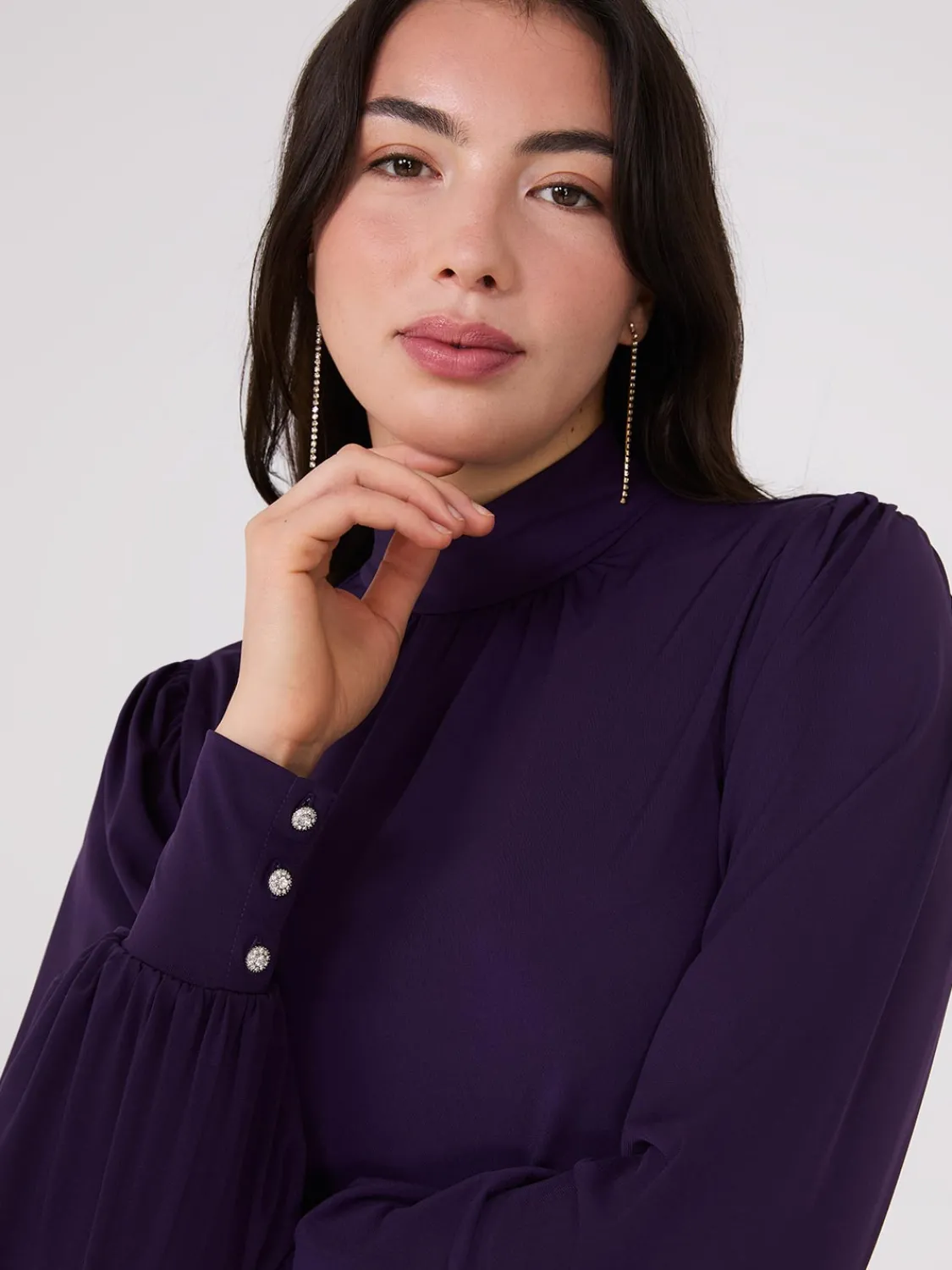 Suzy Shier Tops|Long Sleeve>Long Balloon Sleeve Mock Neck Blouse