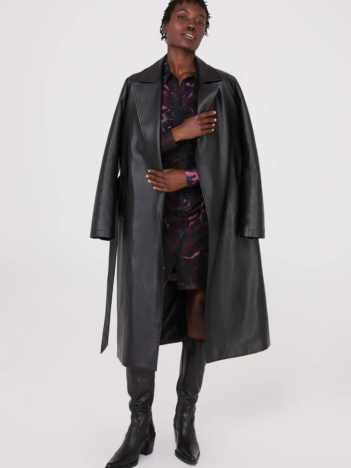Suzy Shier Coats|Coats>Long Faux Leather Trench Coat