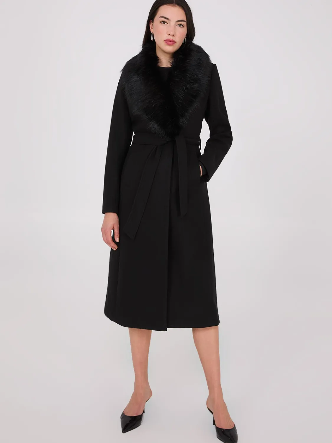 Suzy Shier Coats|Coats>Long Wrap Coat With Faux Fur Collar