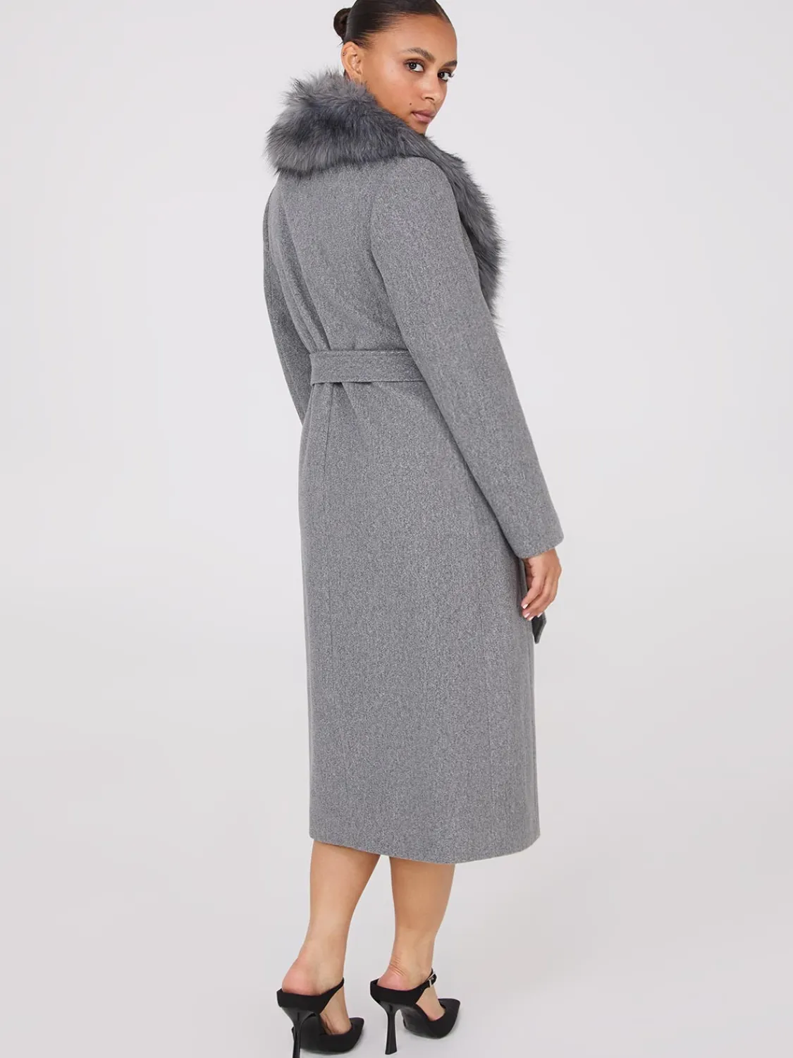 Suzy Shier Coats|Coats>Long Wrap Coat With Faux Fur Collar