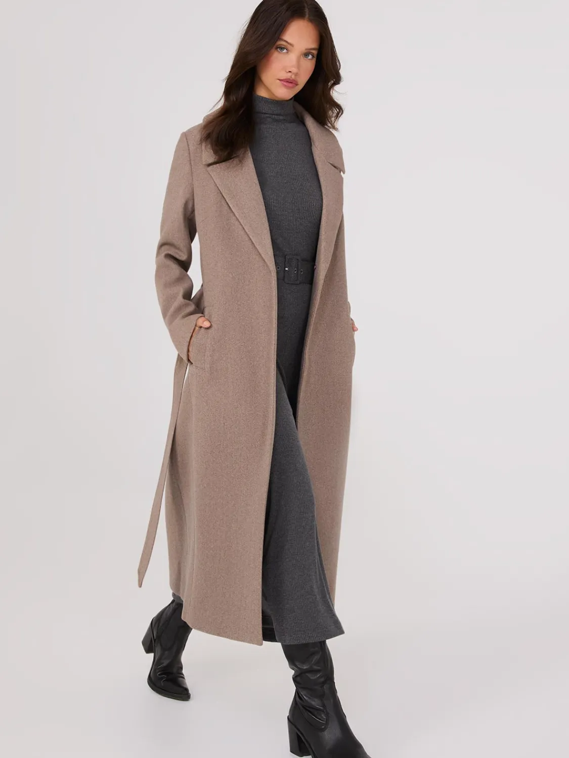 Suzy Shier Coats|Coats>Long Wrap Coat With Faux Fur Collar