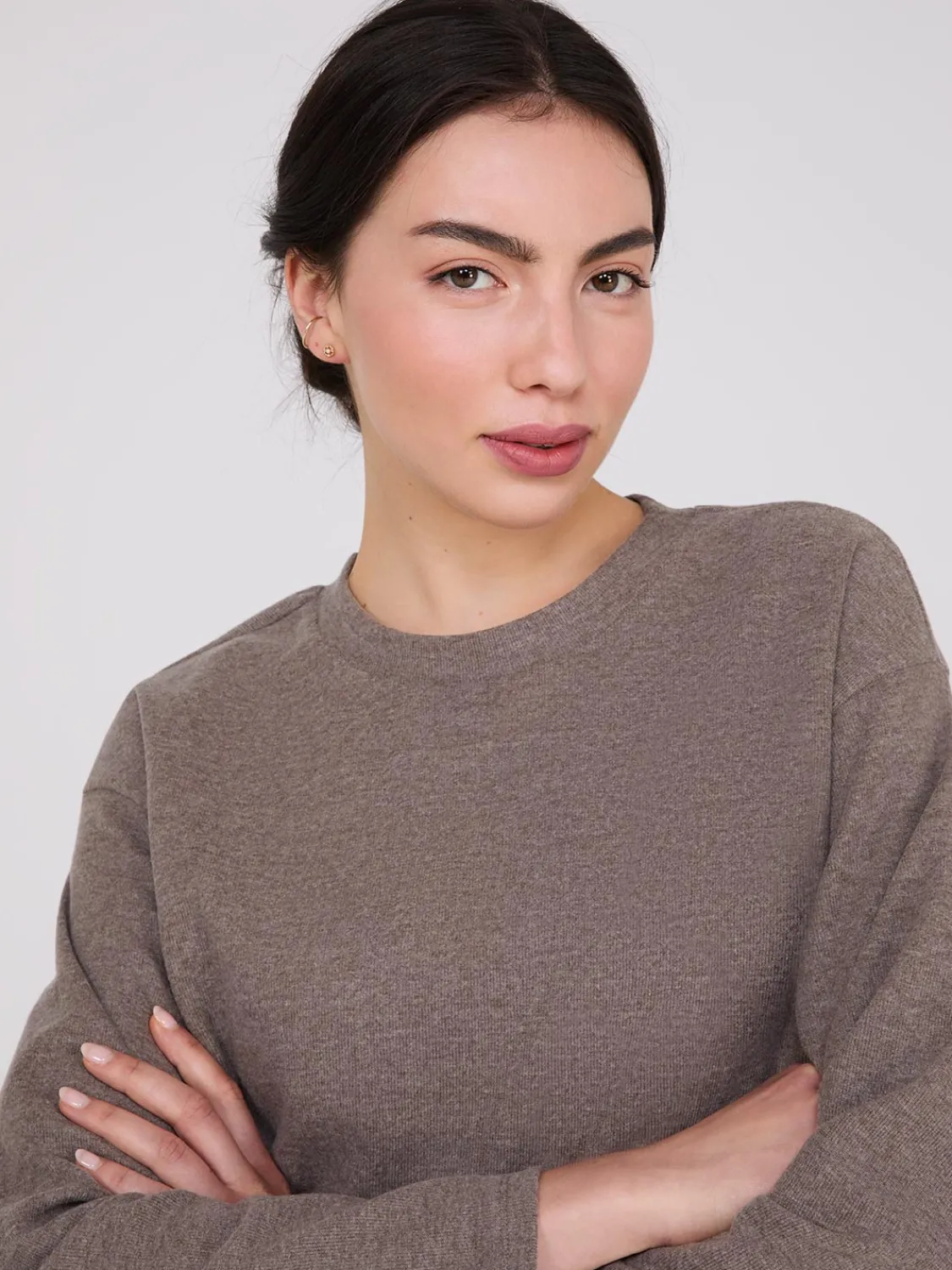 Suzy Shier Lounge & Pjs|Long Sleeve>Melange Brushed Ribbed Loose Sweatshirt