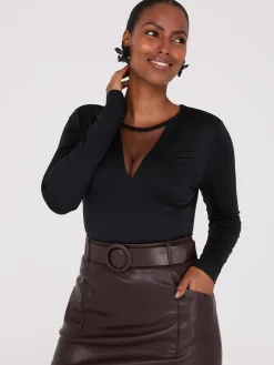 Suzy Shier Tops|Suzy Everyday>Mesh V-Neck Long Sleeve Top
