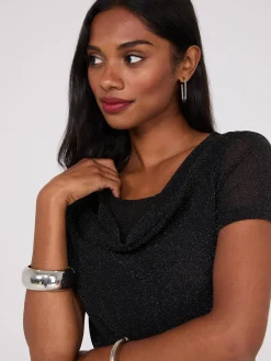 Suzy Shier Short Sleeve|Fashion Tops>Metallic Mesh Cowl Neck T-Shirt