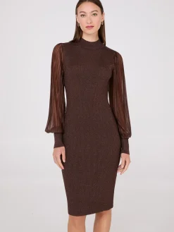 Suzy Shier Midi & Maxi|Party Dresses>Metallic Mock Neck Midi Dress With Plisse Sleeves