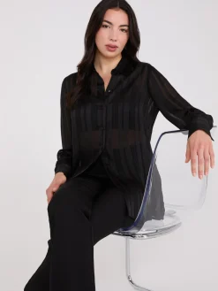 Suzy Shier Tops|Long Sleeve>Metallic Shadow Stripe Chiffon Blouse