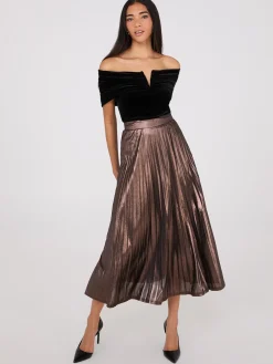 Suzy Shier Skirts>Midi Foil Pleated Skirt