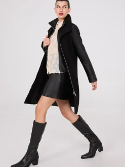 Suzy Shier Coats|Coats>Mid-Length Coat With Faux Leather Details