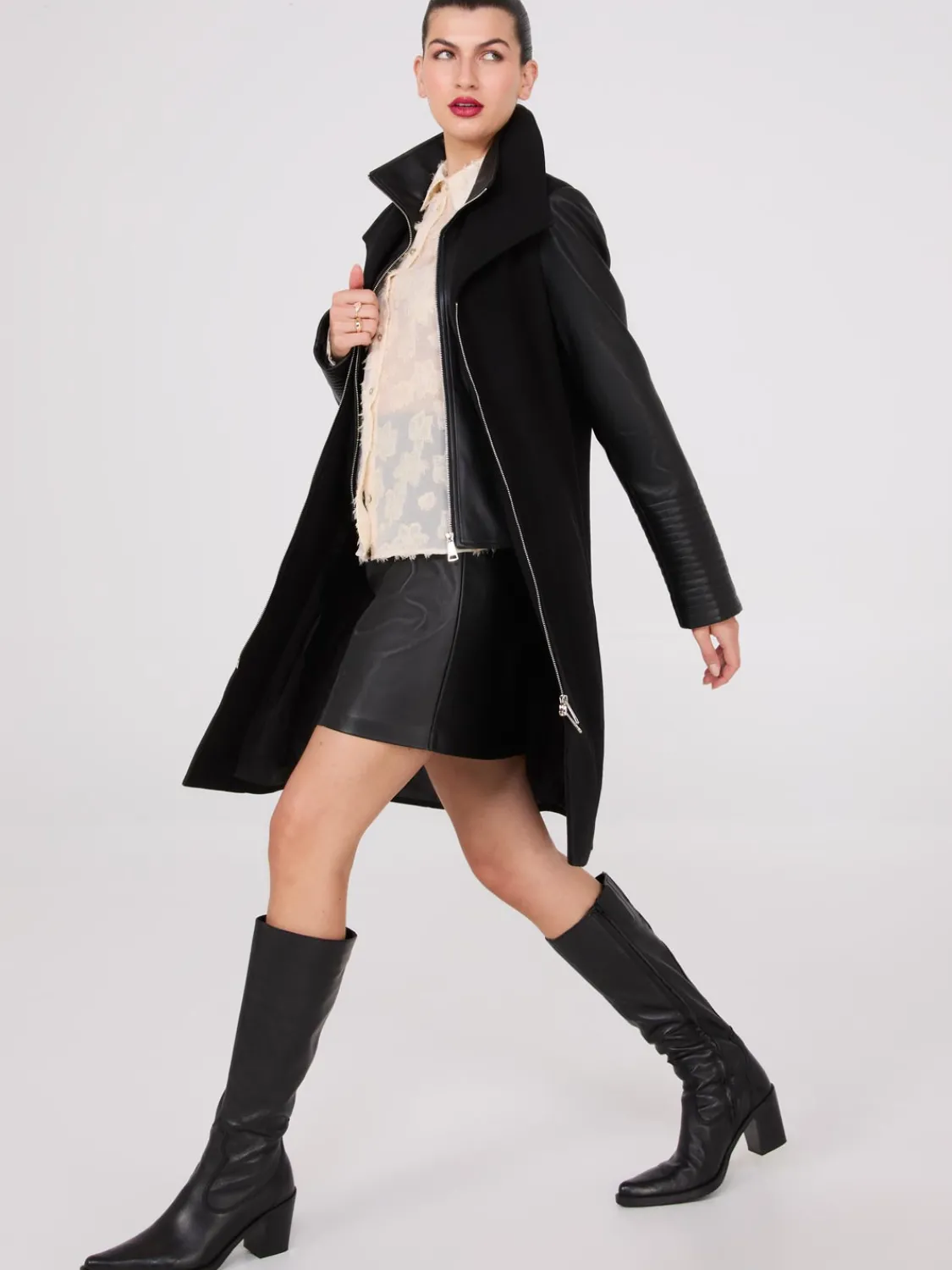 Suzy Shier Coats|Coats>Mid-Length Coat With Faux Leather Details