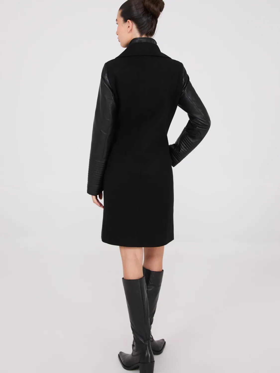 Suzy Shier Coats|Coats>Mid-Length Coat With Faux Leather Details
