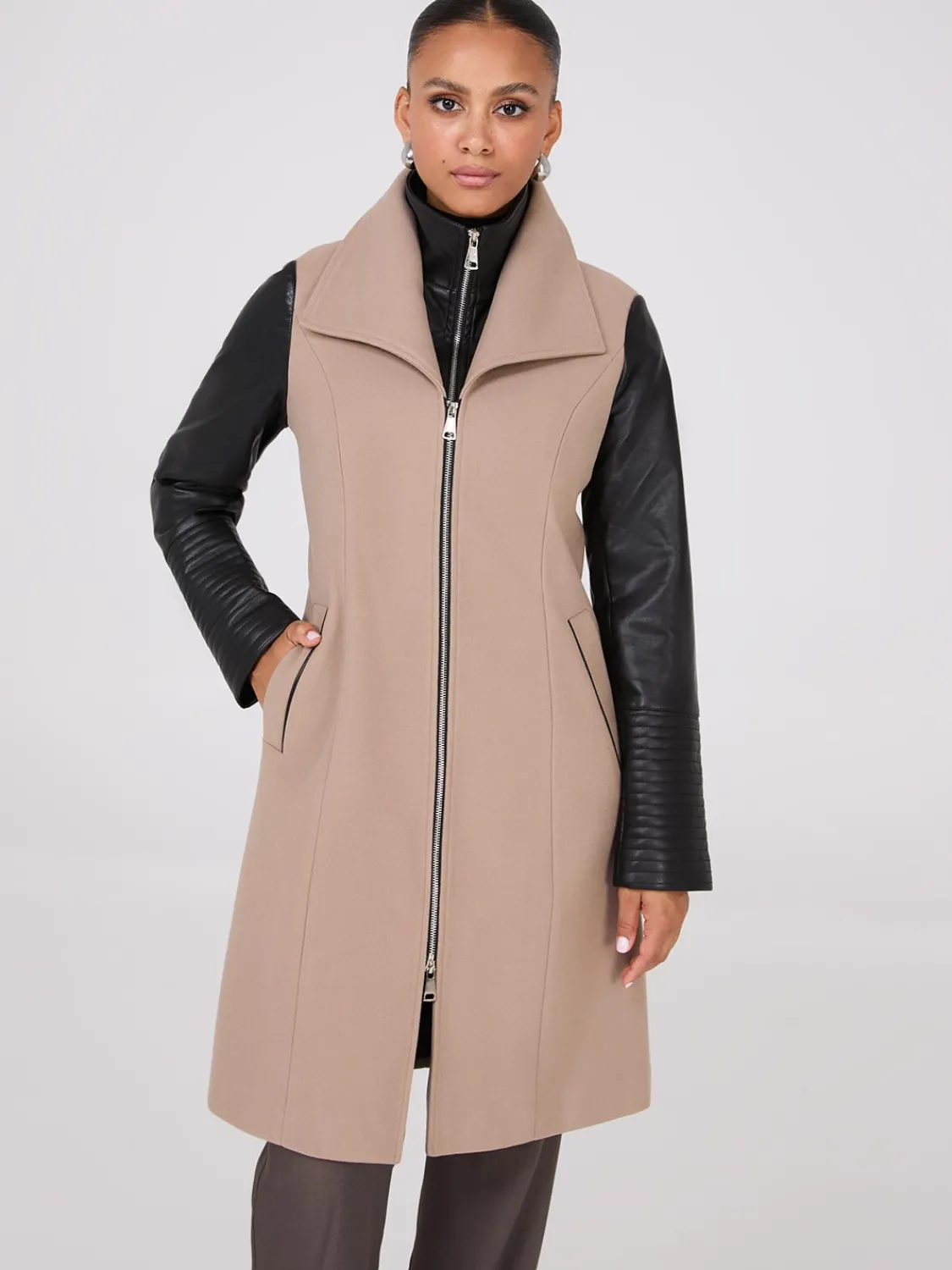 Suzy Shier Coats|Coats>Mid-Length Coat With Faux Leather Details