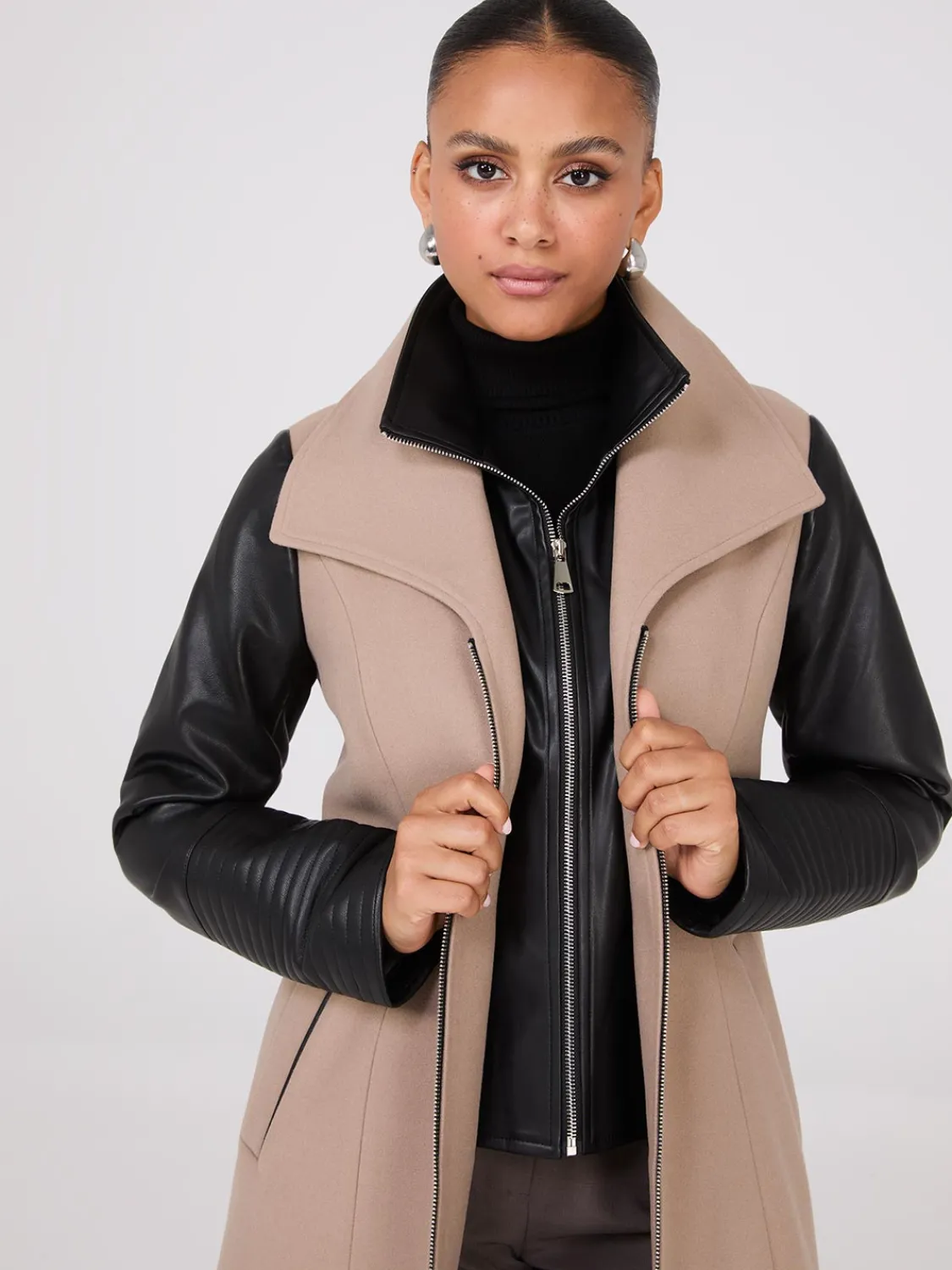 Suzy Shier Coats|Coats>Mid-Length Coat With Faux Leather Details
