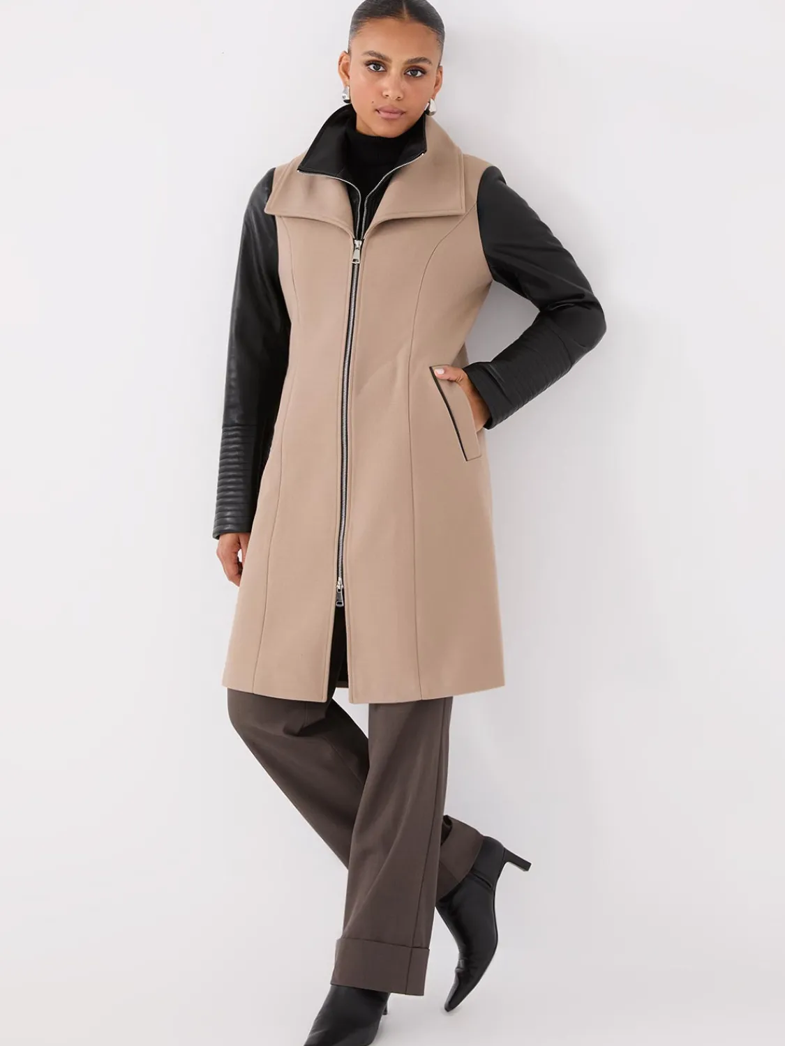 Suzy Shier Coats|Coats>Mid-Length Coat With Faux Leather Details