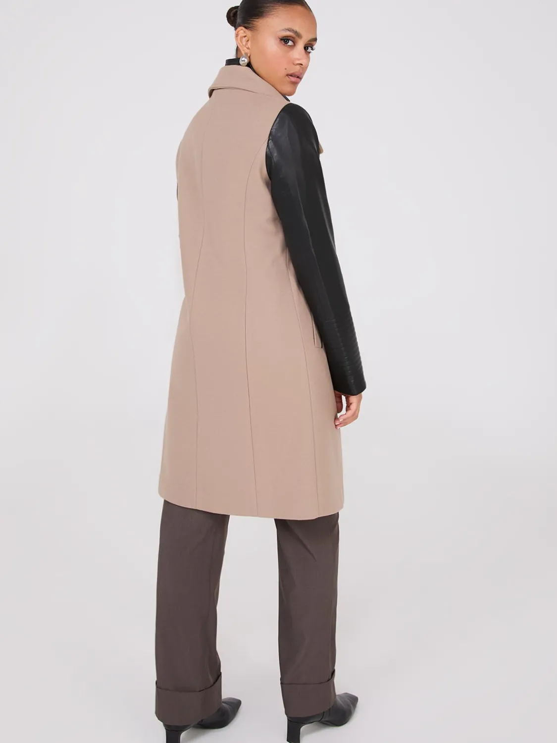 Suzy Shier Coats|Coats>Mid-Length Coat With Faux Leather Details
