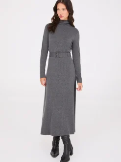 Suzy Shier Casual Dresses|Midi & Maxi>Mock Neck Belted Melange Midi Dress