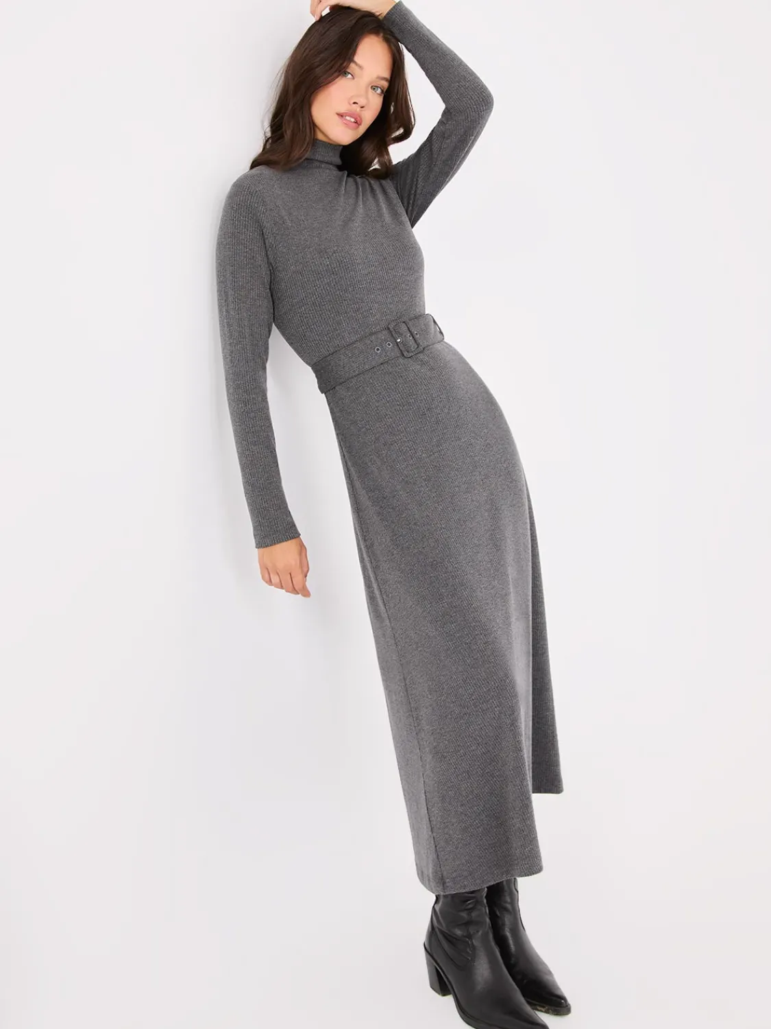 Suzy Shier Casual Dresses|Midi & Maxi>Mock Neck Belted Melange Midi Dress