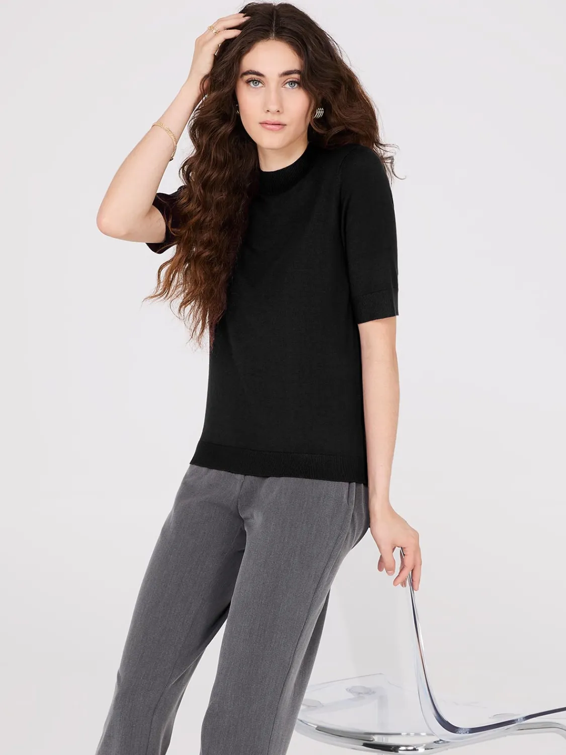 Suzy Shier Short Sleeve|Sweaters & Cardigans>Mock Neck Elbow Sleeve Top