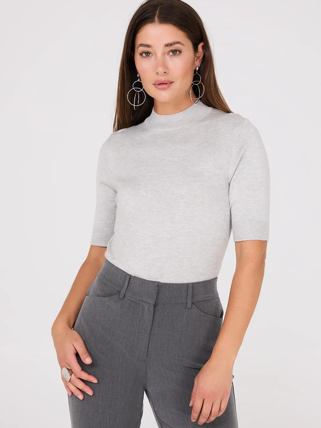 Suzy Shier Short Sleeve|Sweaters & Cardigans>Mock Neck Elbow Sleeve Top