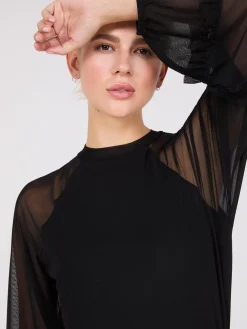 Suzy Shier Tops|Long Sleeve>Mock Neck Mesh Top With Ruffle Details
