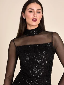 Suzy Shier Evening Gowns - Le Château>Mock Neck Sequin Column Gown