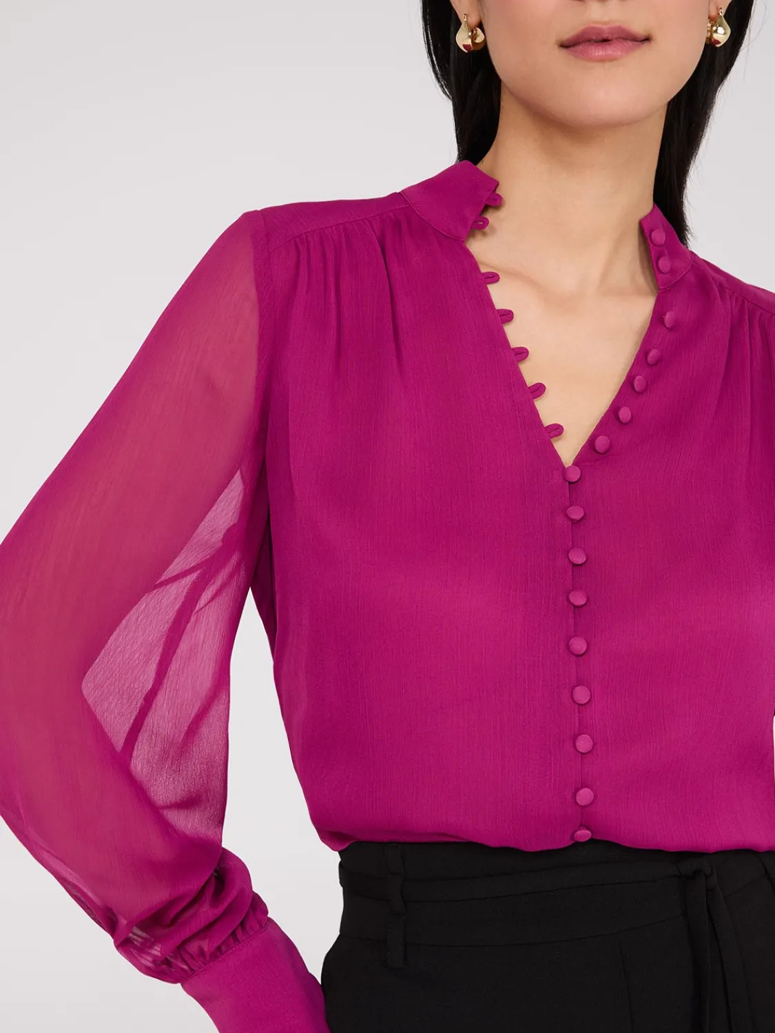 Suzy Shier Tops|Long Sleeve>Nehru Collar Button-Front Chiffon Blouse