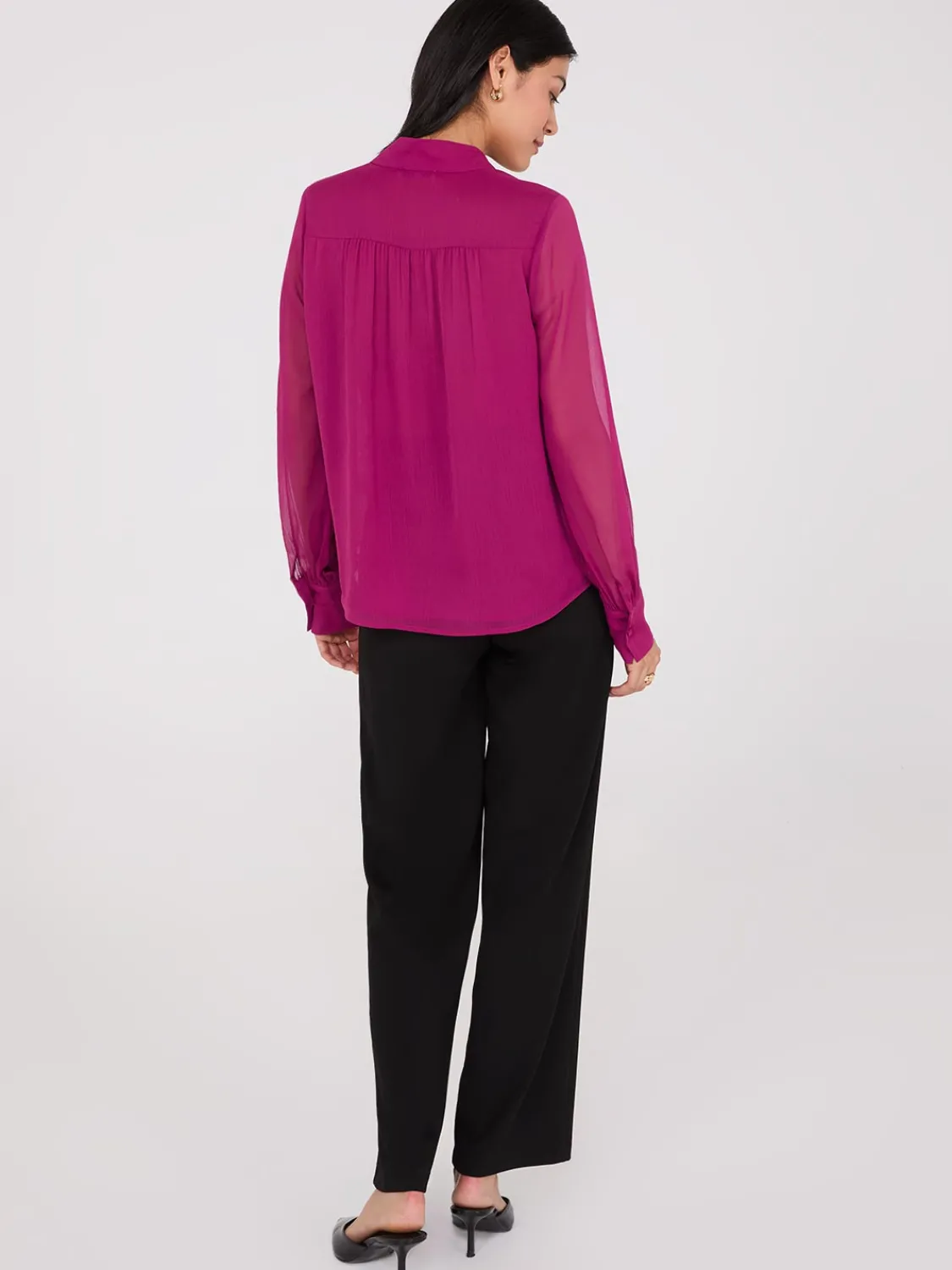 Suzy Shier Tops|Long Sleeve>Nehru Collar Button-Front Chiffon Blouse