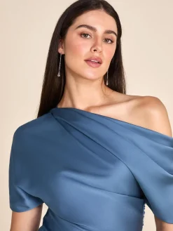 Suzy Shier Evening Gowns - Le Château>One-Shoulder Satin Gown With Pleated Detail