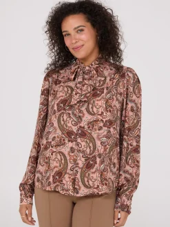 Suzy Shier Tops|Long Sleeve>Paisley Print Button-Front Bow Blouse