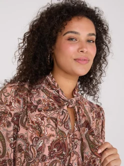 Suzy Shier Tops|Long Sleeve>Paisley Print Button-Front Bow Blouse