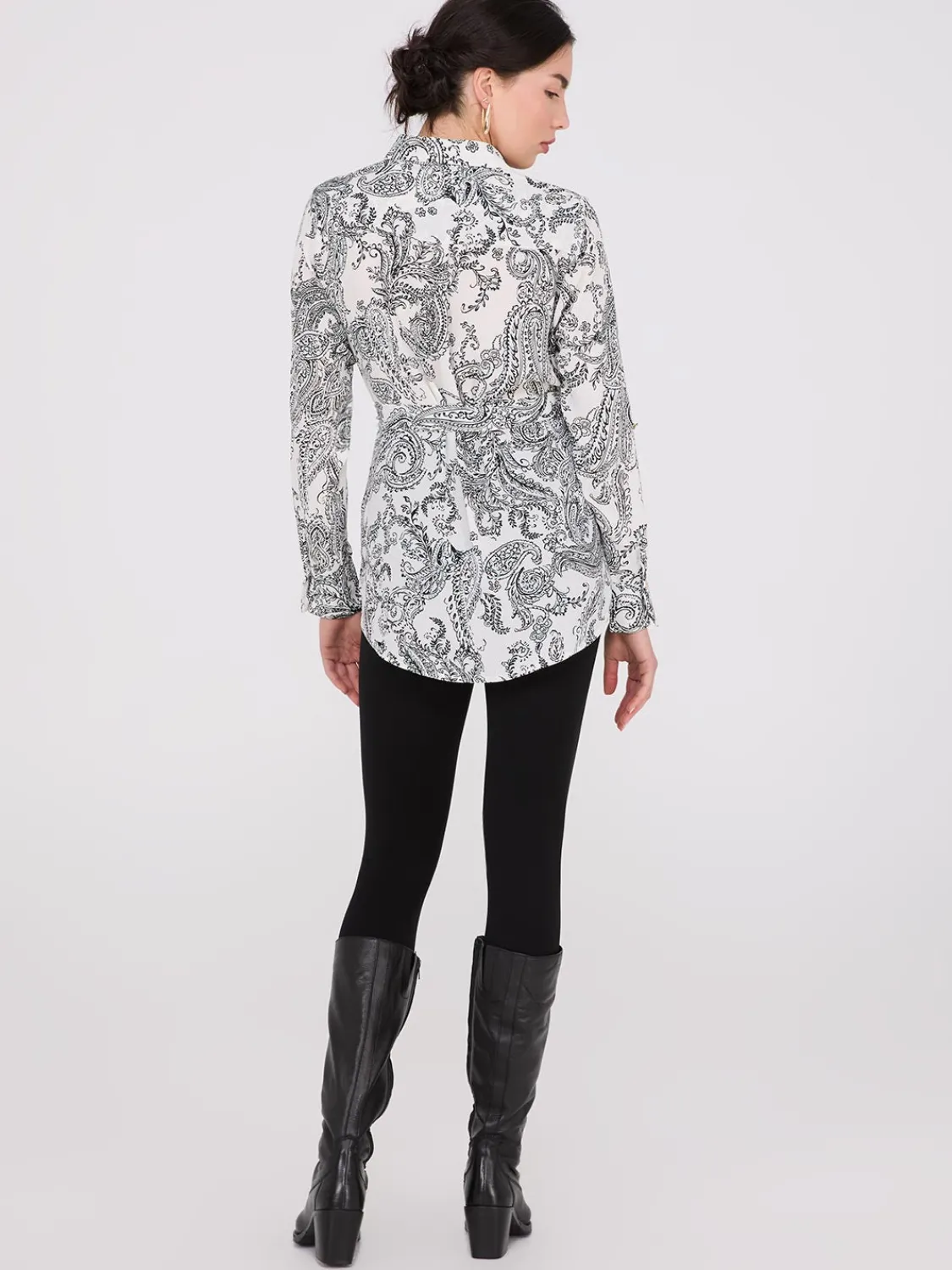 Suzy Shier Tops|Long Sleeve>Paisley Print Chiffon Belted Tunic Blouse