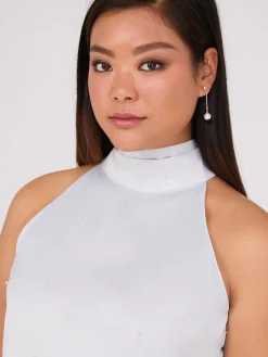 Suzy Shier Tops|Sleeveless>Pearl Halter Mock Neck Top