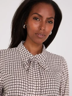 Suzy Shier Tops|Long Sleeve>Plaid Button-Front Chiffon Blouse With Removable Tie