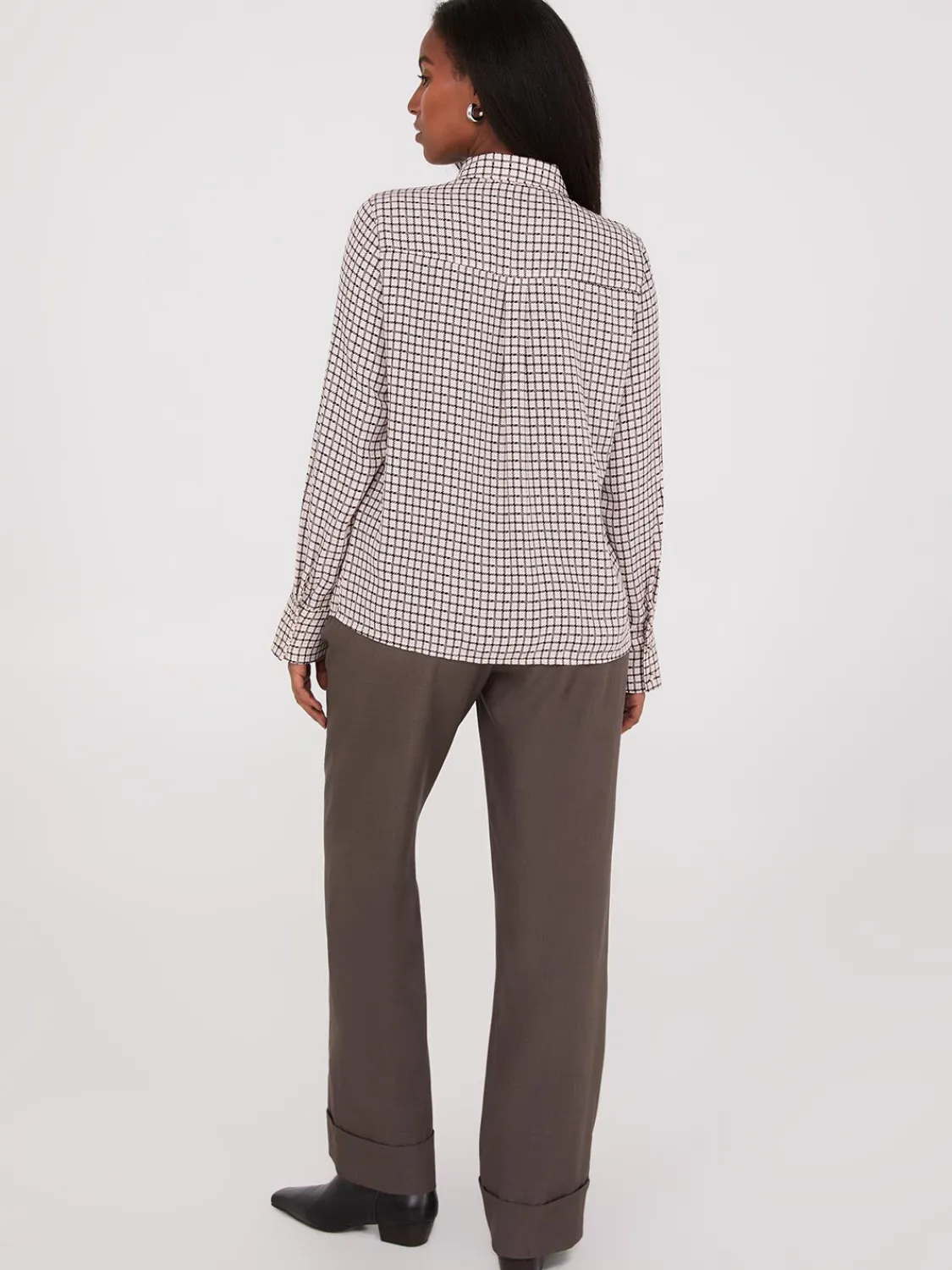 Suzy Shier Tops|Long Sleeve>Plaid Button-Front Chiffon Blouse With Removable Tie