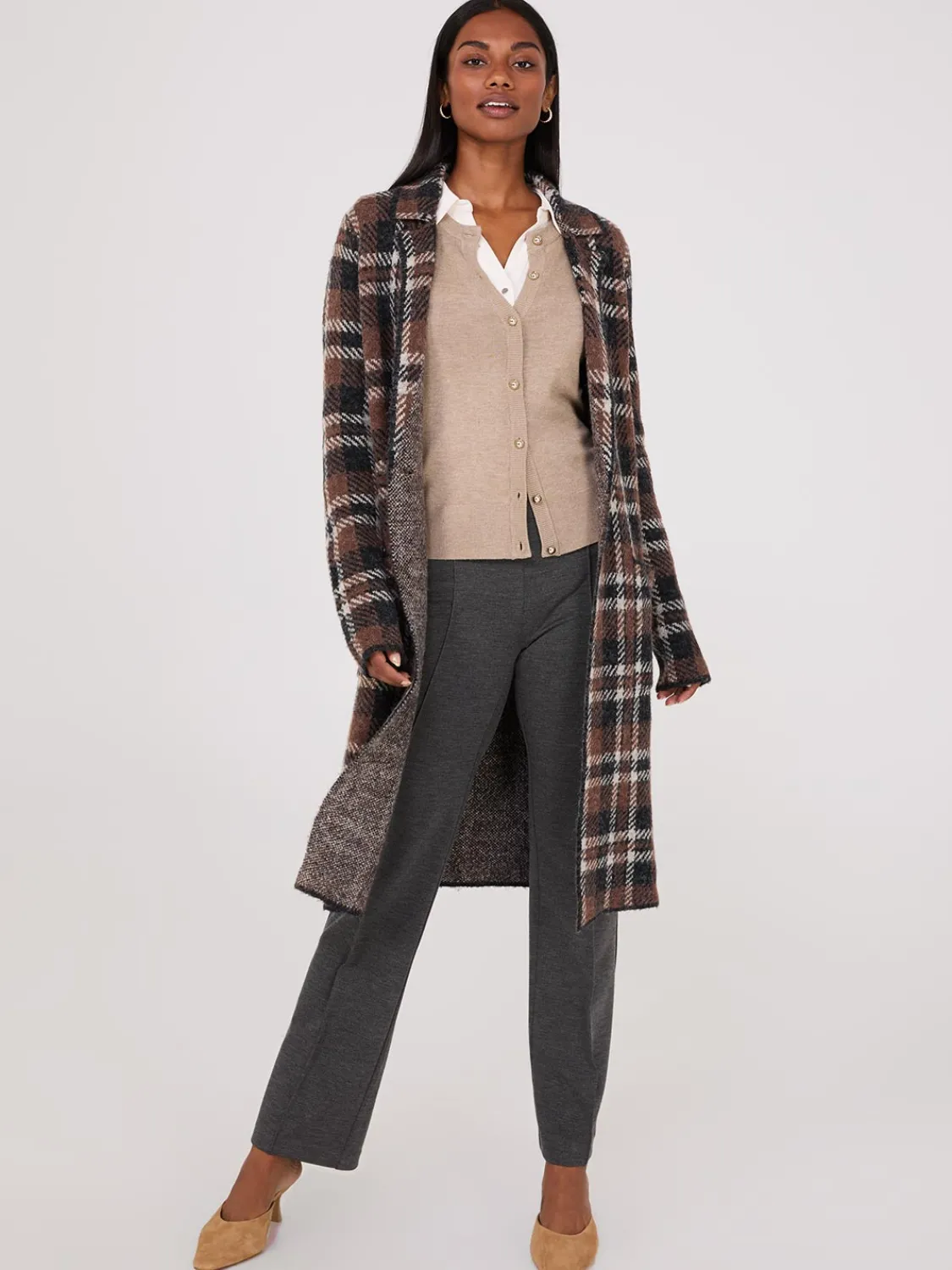 Suzy Shier Long Sleeve|Sweaters & Cardigans>Plaid Jacquard Notch Collar One-Button Duster