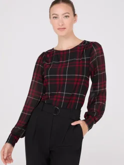 Suzy Shier Tops|Long Sleeve>Plaid Long Chiffon Sleeve Boat Neck Top