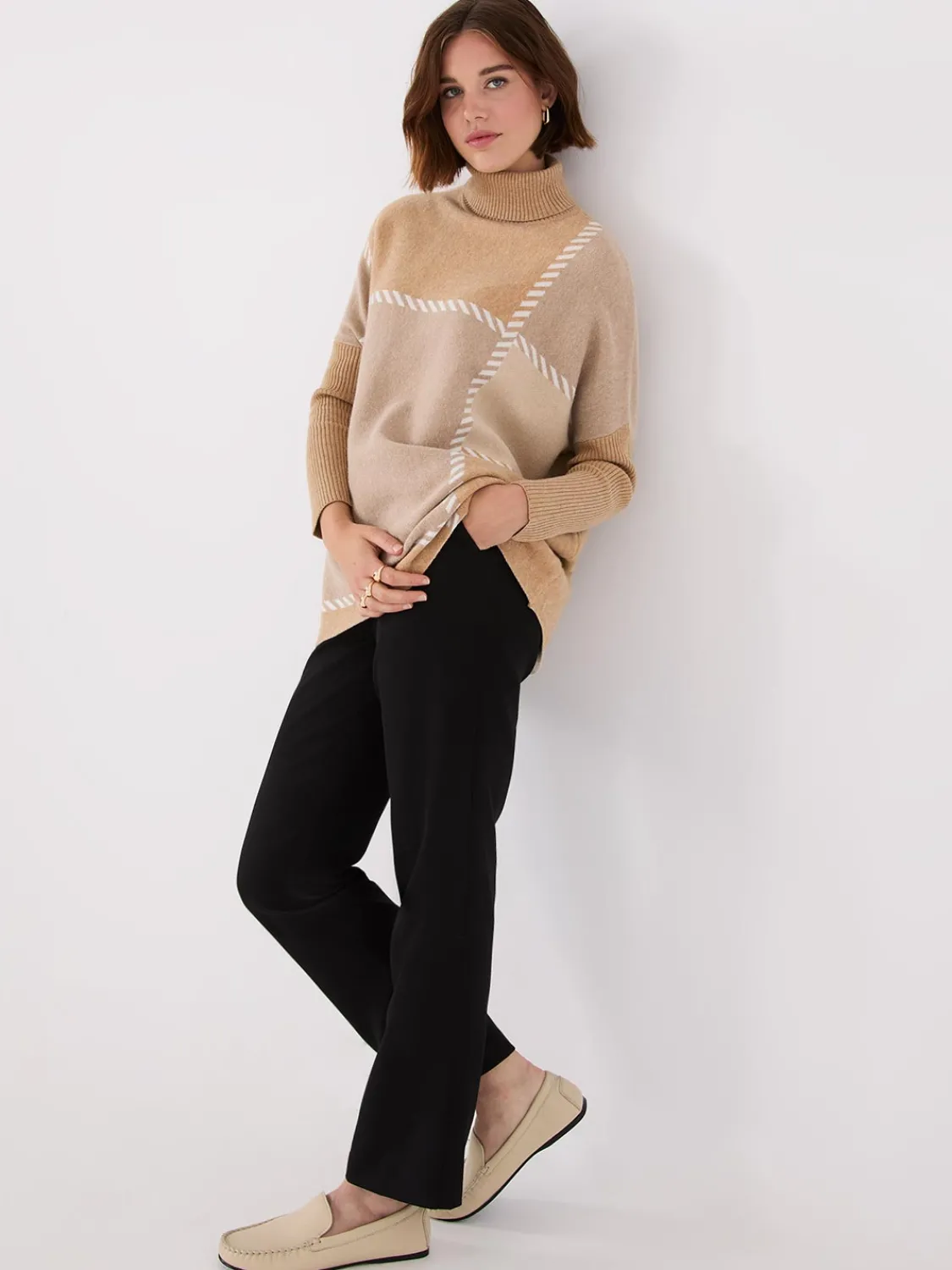 Suzy Shier Long Sleeve|Sweaters & Cardigans>Plaid Turtleneck Poncho